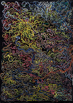 SNAKES – 1 by OTGO 2002, Tempera on cotton 30 x 21 cm