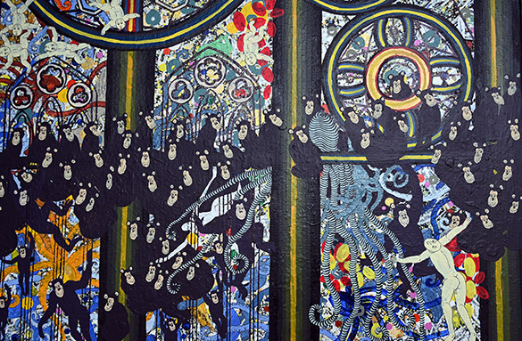 Cathédrale des Trois Grâces by OtGO 2014-2024, ink, acryl on canvas. 200 x 75 cm