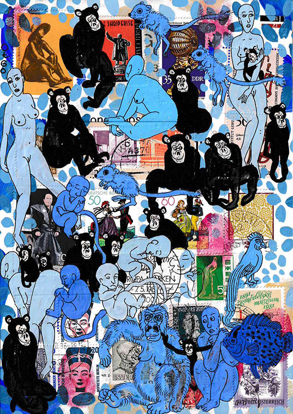 Cabinet of Curosities Fetus 13 by OtGO 2021, ink and acryl on original Stamps, 210 x 148  mm (A5)