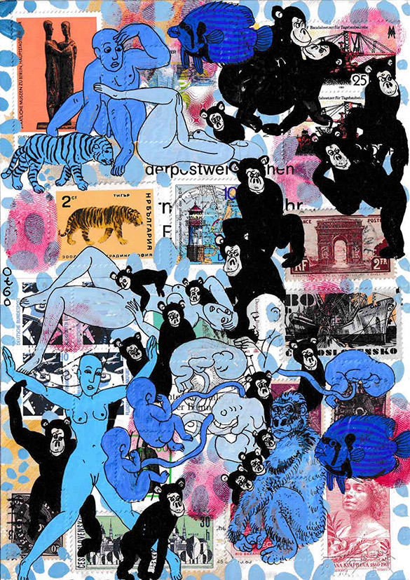 Cabinet of Curosities Fetus 16 by OtGO 2021, ink and acryl on original Stamps, 210 x 148  mm (A5)