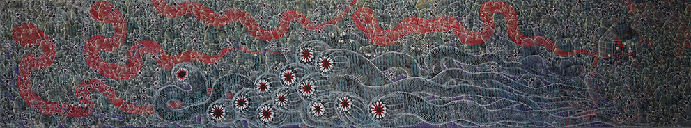 Mongolian Death Worm by OTGO 2023, acryl on canvas 75 x 400 cm