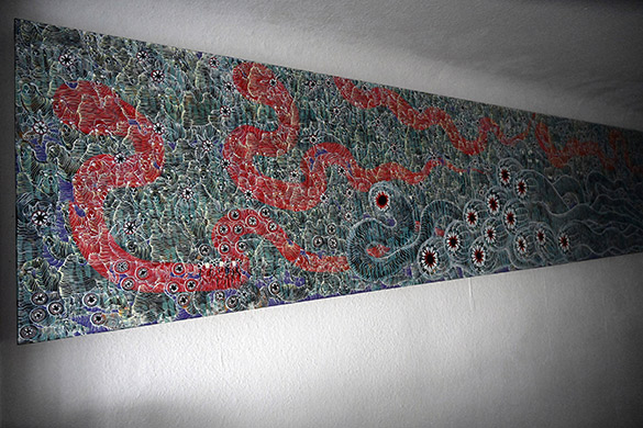 Mongolian Death Worm by OtGO 2023, acryl on canvas 75 x 400 cm. Detailed view: Mongolian Death Worm - Олгой хорхой