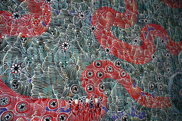 Mongolian Death Worm by OtGO 2023, acryl on canvas 75 x 400 cm. Detailed view: Mongolian Death Worm - Олгой хорхой