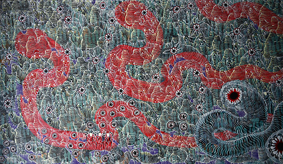 Mongolian Death Worm by OtGO 2023, acryl on canvas 75 x 400 cm. Detailed view: Mongolian Death Worm - Олгой хорхой