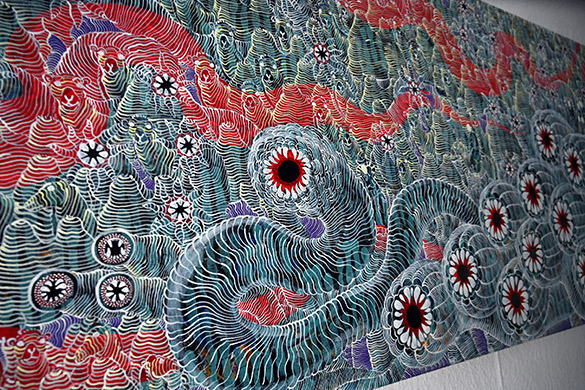 Mongolian Death Worm by OtGO 2023, acryl on canvas 75 x 400 cm. Detailed view: Mongolian Death Worm - Олгой хорхой