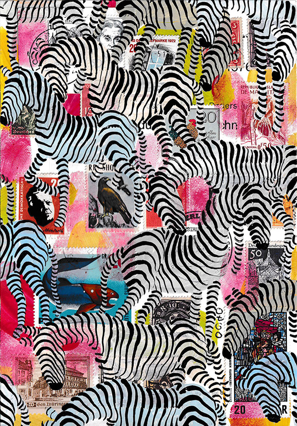 Wunderkammer Zebras 10 by OtGO 2023-2024, consists of 24 equal-sized single paintings, acryl on original Stamps, each measuring 210 by 148 mm (A5)