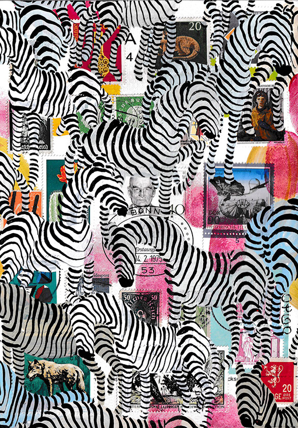 Wunderkammer Zebras 11 by OtGO 2023-2024, consists of 24 equal-sized single paintings, acryl on original Stamps, each measuring 210 by 148 mm (A5)