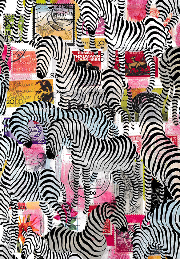 Wunderkammer Zebras 15 by OtGO 2023-2024, consists of 24 equal-sized single paintings, acryl on original Stamps, each measuring 210 by 148 mm (A5)