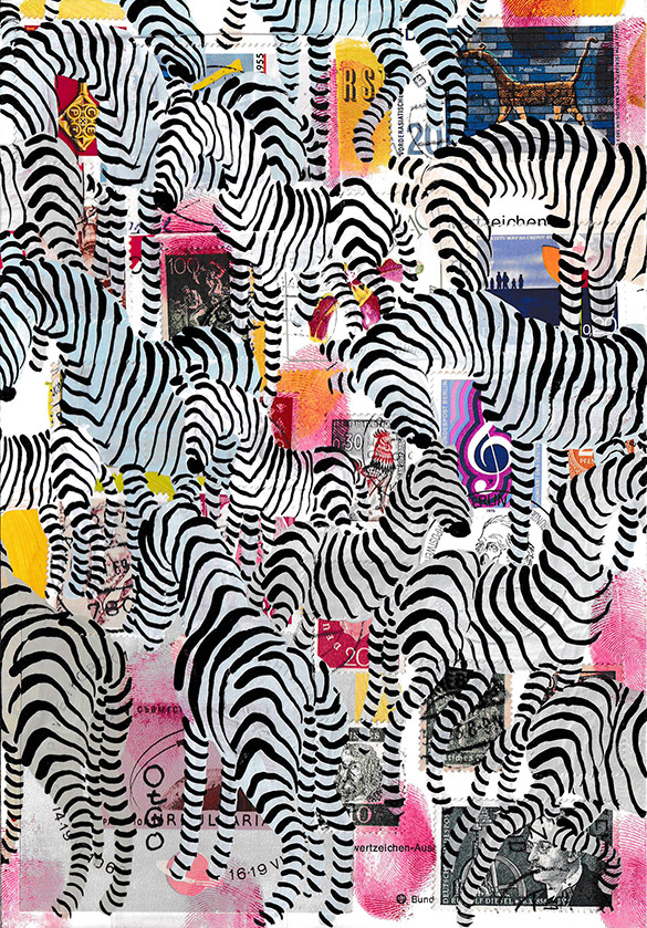 Wunderkammer Zebras 18 by OtGO 2023-2024, consists of 24 equal-sized single paintings, acryl on original Stamps, each measuring 210 by 148 mm (A5)