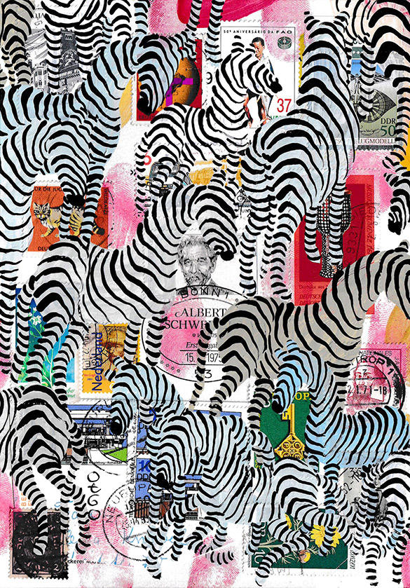 Wunderkammer Zebras 20 by OtGO 2023-2024, consists of 24 equal-sized single paintings, acryl on original Stamps, each measuring 210 by 148 mm (A5)