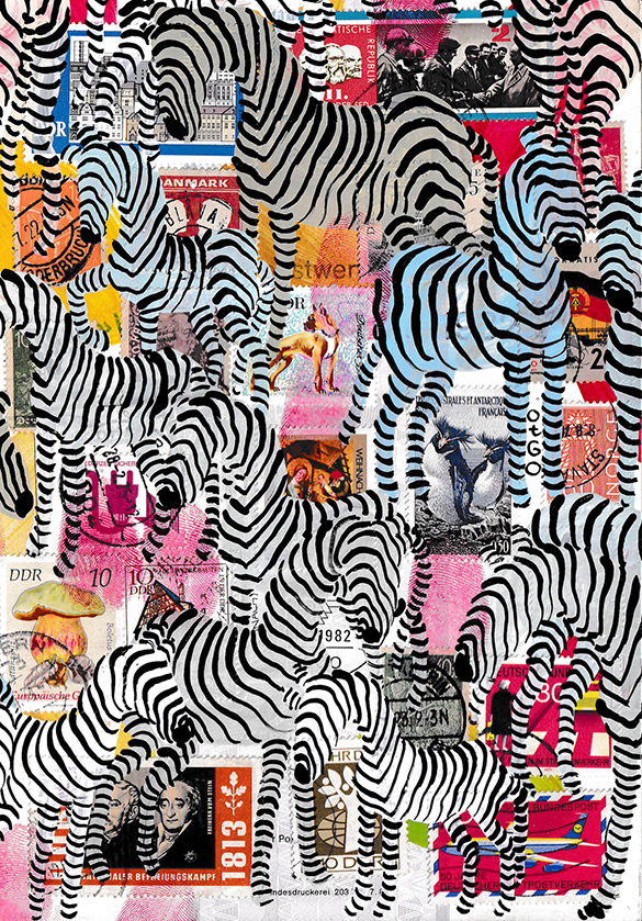 Wunderkammer Zebras 21 by OtGO 2023-2024, consists of 24 equal-sized single paintings, acryl on original Stamps, each measuring 210 by 148 mm (A5)