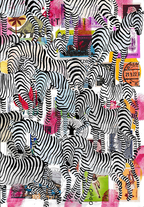 Wunderkammer Zebras 24 by OtGO 2023-2024, consists of 24 equal-sized single paintings, acryl on original Stamps, each measuring 210 by 148 mm (A5)