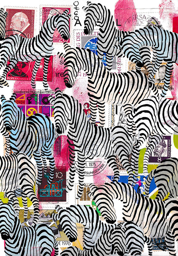 Wunderkammer Zebras 3 by OtGO 2023-2024, consists of 24 equal-sized single paintings, acryl on original Stamps, each measuring 210 by 148 mm (A5)