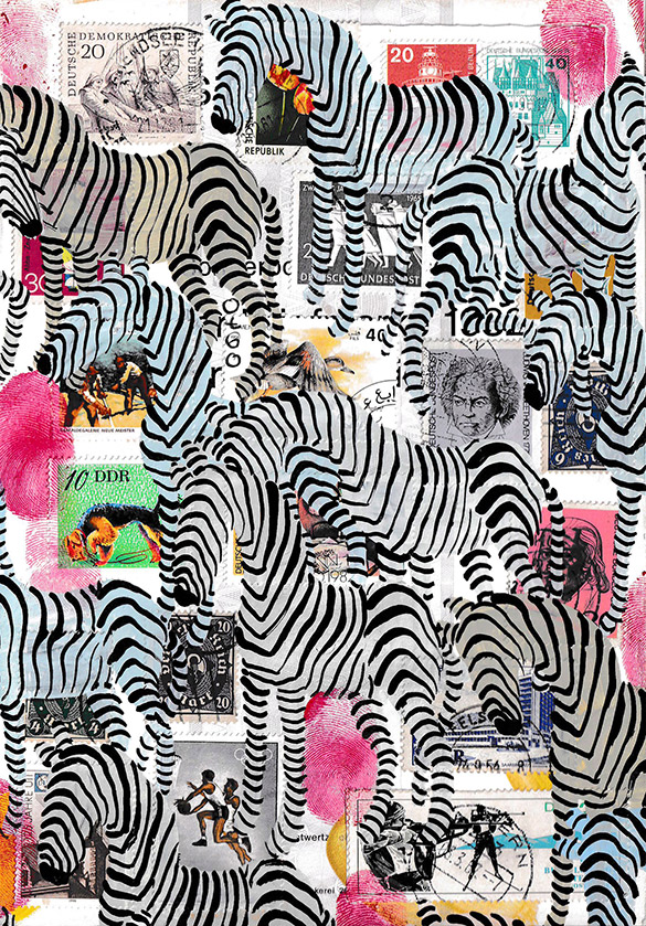 Wunderkammer Zebras 5 by OtGO 2023-2024, consists of 24 equal-sized single paintings, acryl on original Stamps, each measuring 210 by 148 mm (A5)