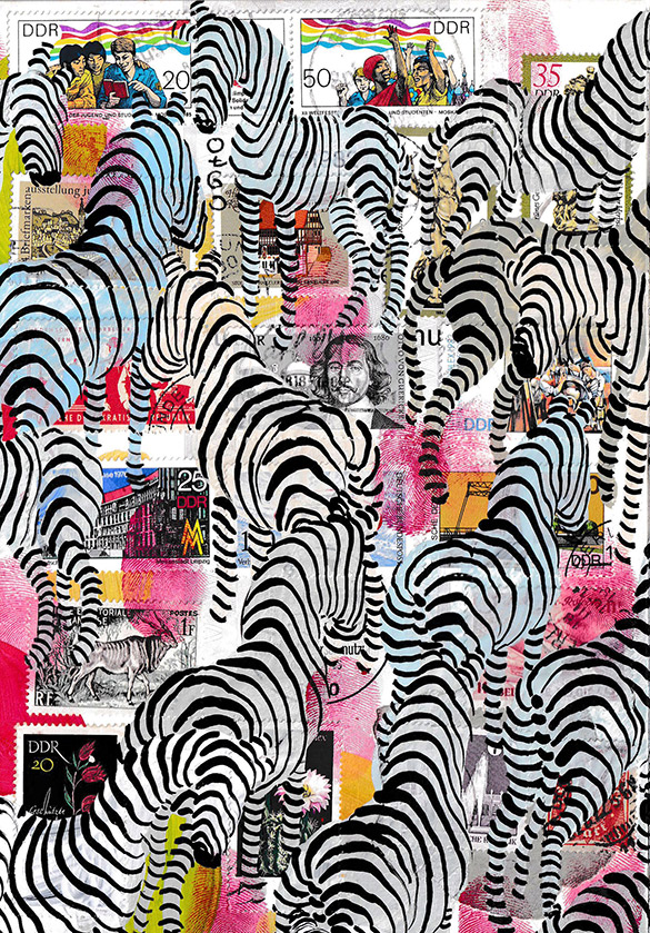 Wunderkammer Zebras 7 by OtGO 2023-2024, consists of 24 equal-sized single paintings, acryl on original Stamps, each measuring 210 by 148 mm (A5)